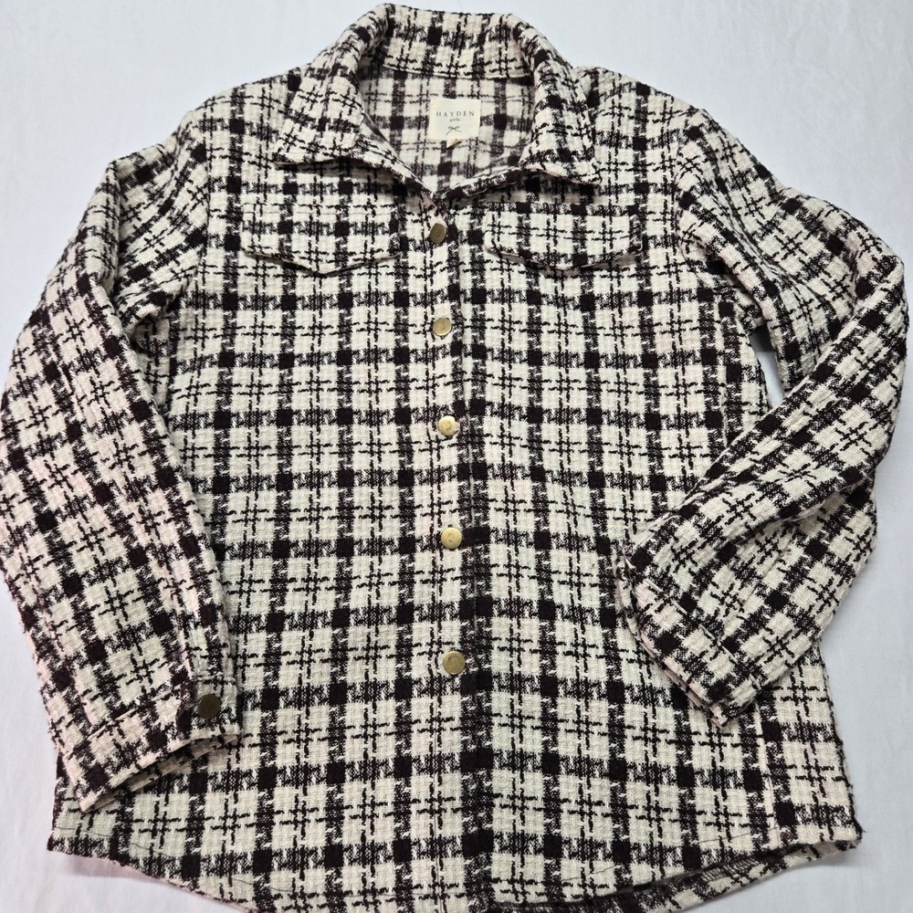 Hayden Girls XL Brown Plaid Tweed  Textured Shacket Jacket with Pockets